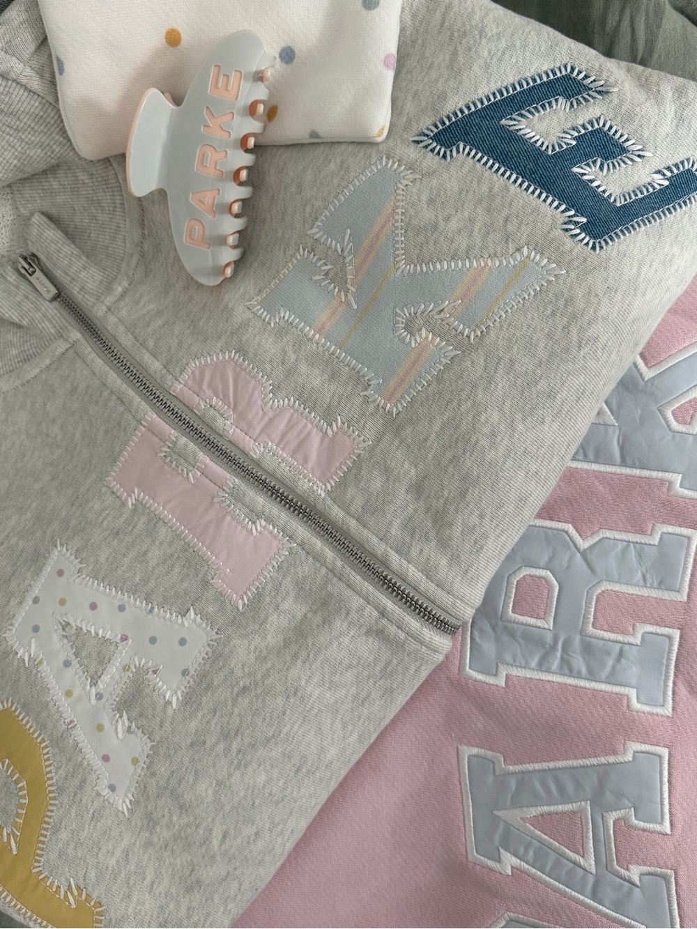 PARKE Heritage Patchwork Zip Up Mockneck — Birthday Heather Grey Varsity — S/M